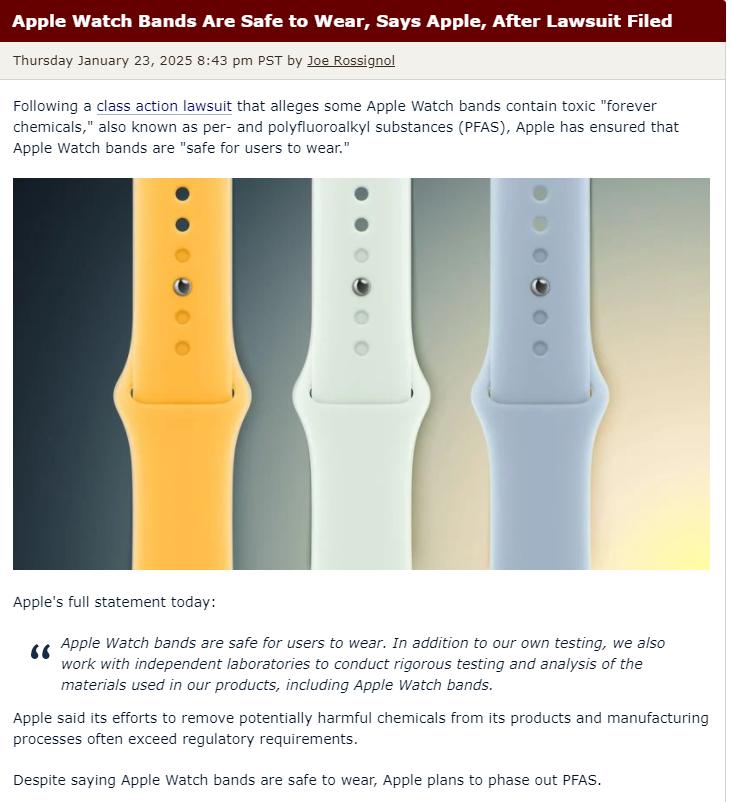 Apple Watch錶帶含毒被訴，蘋果堅稱錶帶安全並計劃改革