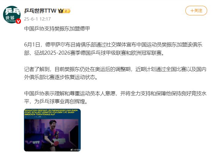 中國乒協支持樊振東加盟德甲
