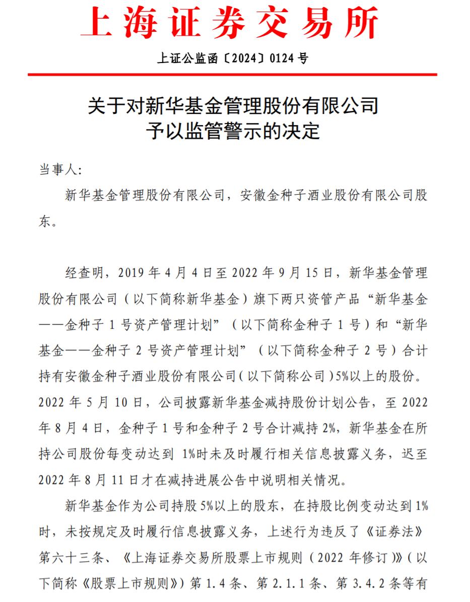 新華基金因減持未及時披露信息被上交所監管警示
