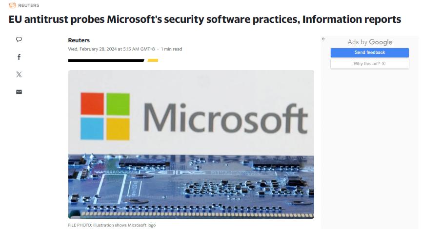 外媒：歐盟對微軟安全軟件業務展開反壟斷調查