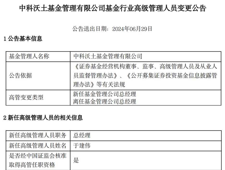 中科沃土基金總經理更迭，於建偉重返管理崗位