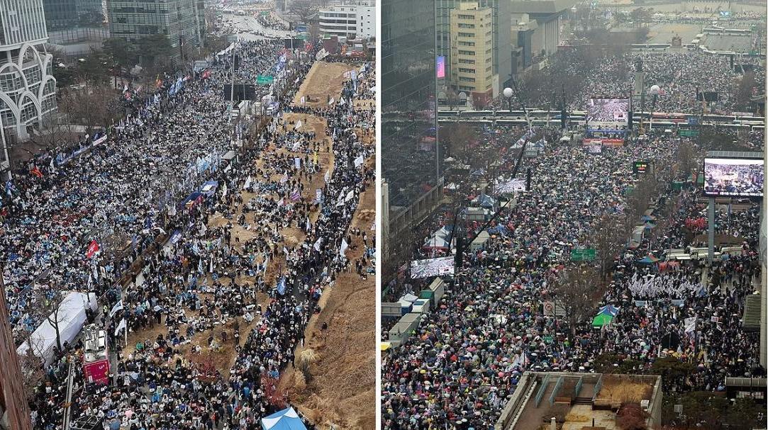 尹錫悅獲釋第二天，韓國大批民衆在首爾市中心集會，組織方預計10萬人參加