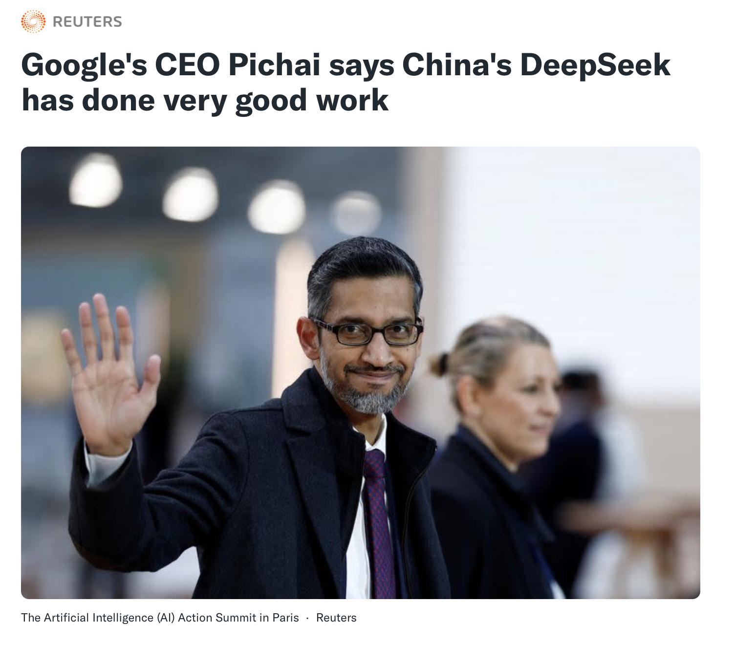 谷歌CEO肯定DeepSeek表現，強調AI領域競爭與合作