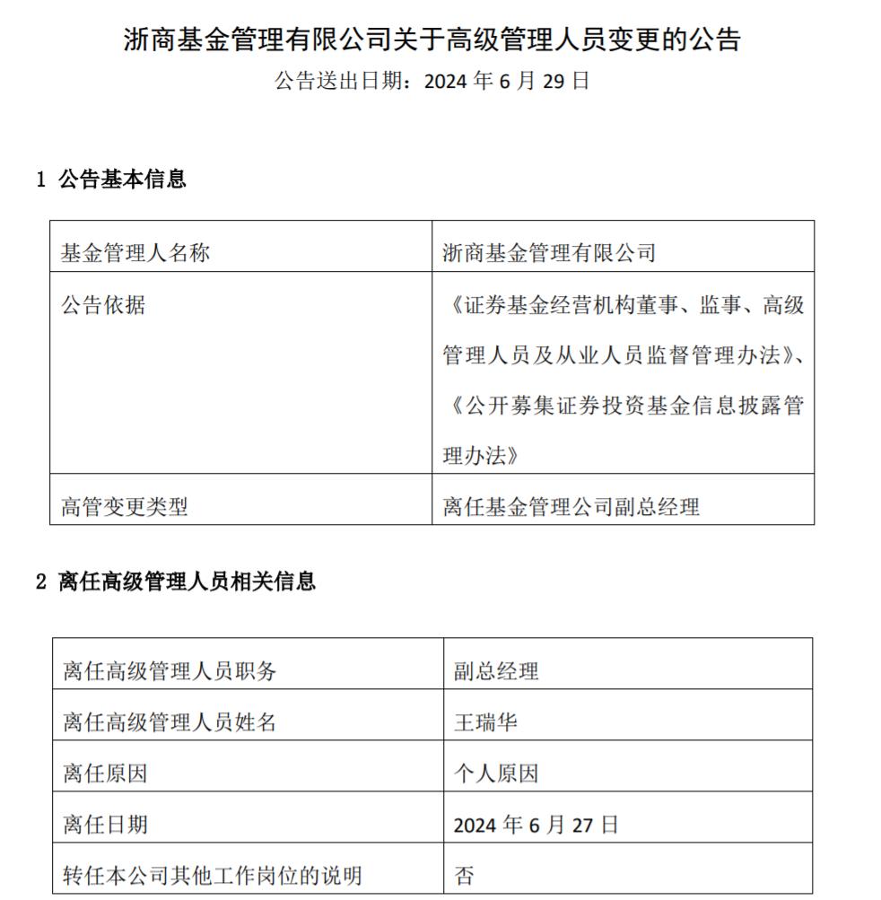 浙商基金高層變動，副總經理王瑞華因個人原因離職