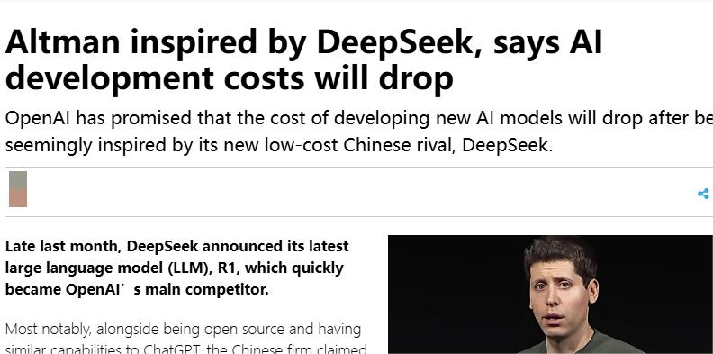 DeepSeek引熱議 OpenAI首席執行官Altman：人工智能開發成本將大幅下降