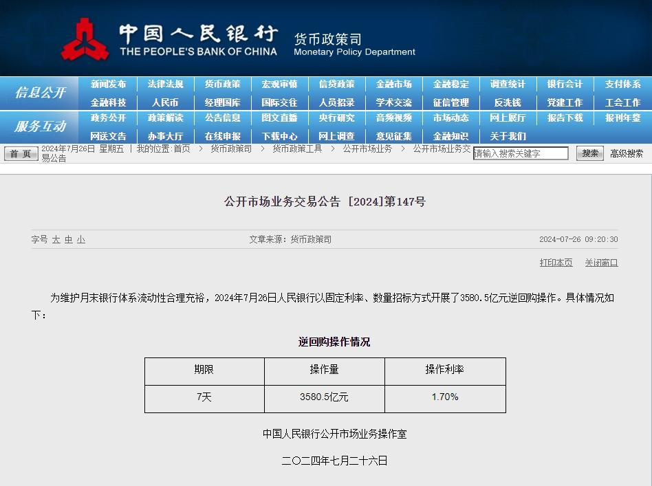 月末流動性獲有力支撐，央行7天逆回購與MLF齊發力