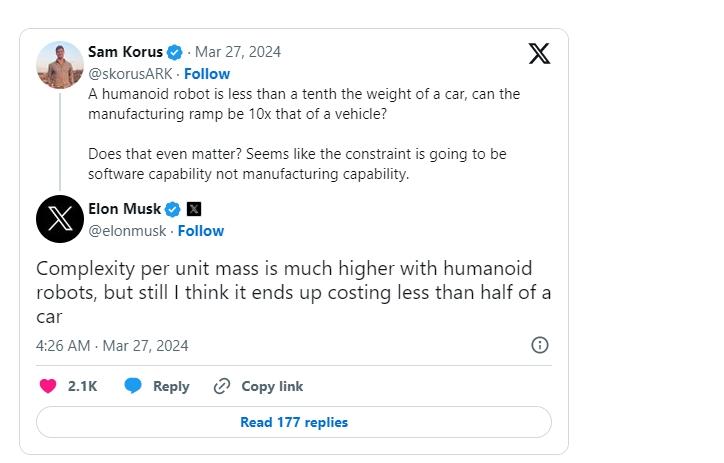 馬斯克稱人形機器人成本將不到汽車一半