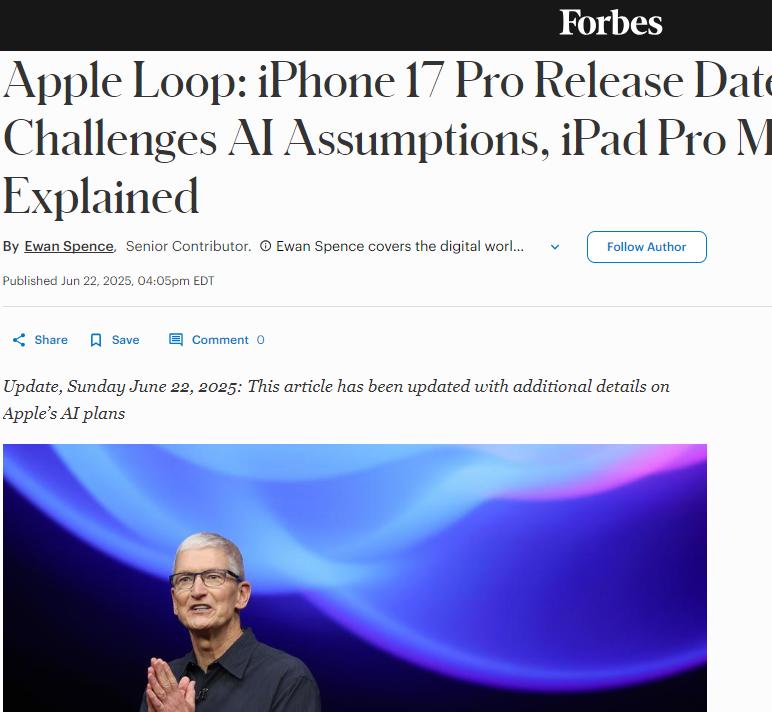 外媒爆料iPhone 17 Pro發佈日期，AI與iPad Pro成焦點