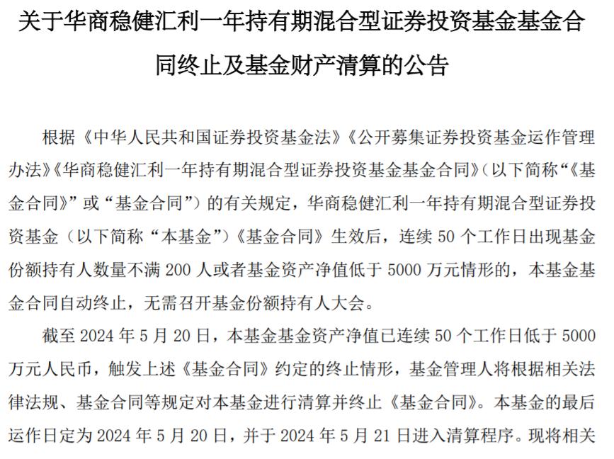 基金正收益缺遭清盤，華商穩健匯利合同終止