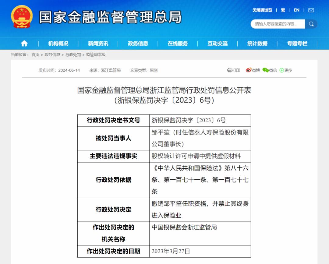 信泰人壽原董事長終身禁入，七家違規股東權益被清退