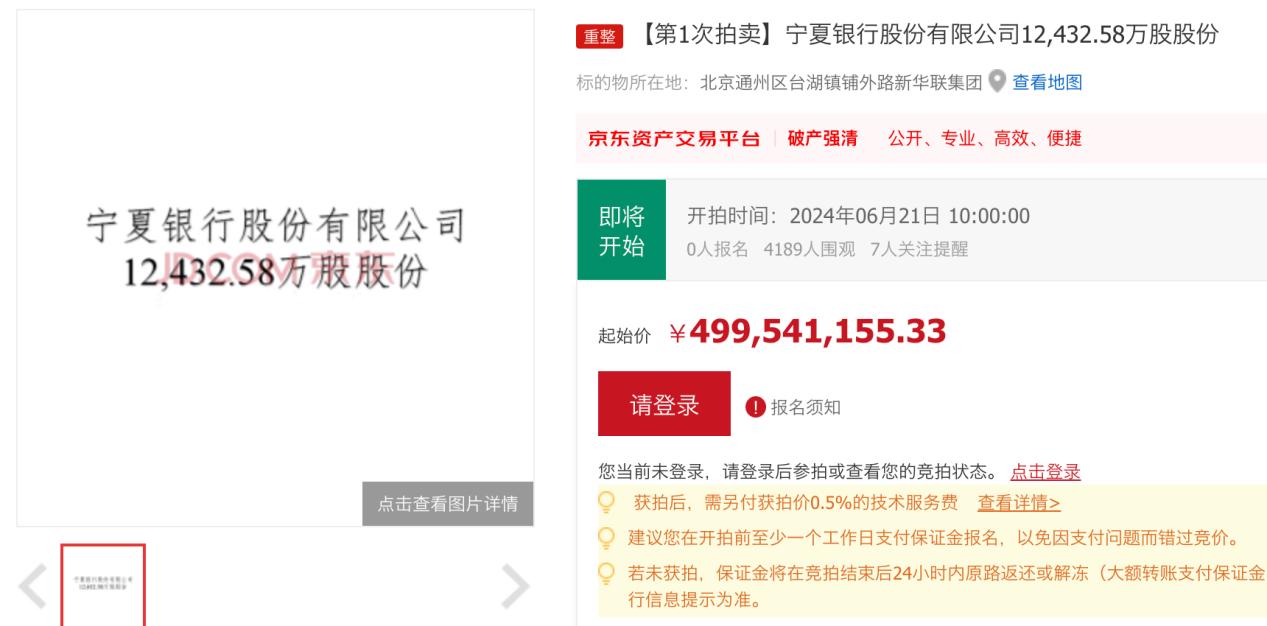 寧夏銀行股權將被拍賣，涉及1.2億股股份