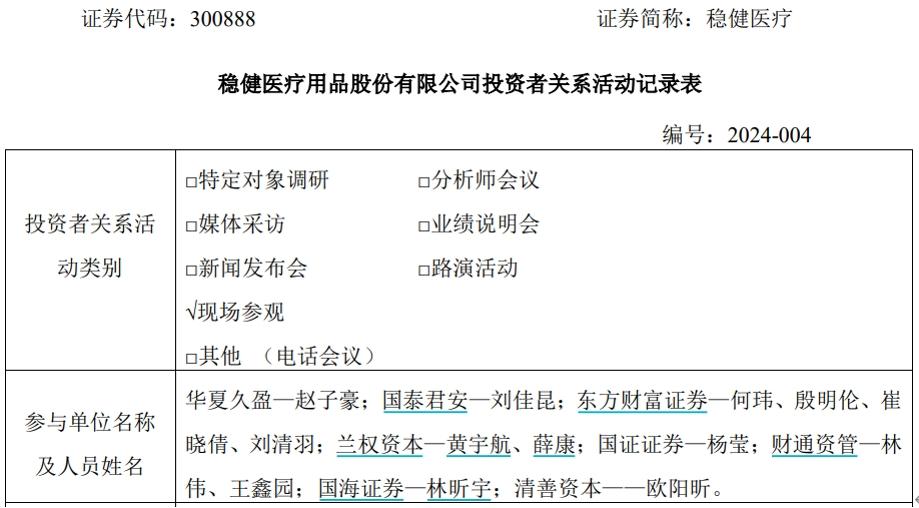 穩健醫療接受機構投資者現場參觀，表示興趣電商平臺的增長速度較快
