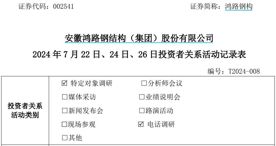 鴻路鋼構接待多家機構調研，稱未來根據市場情況考慮海外業務