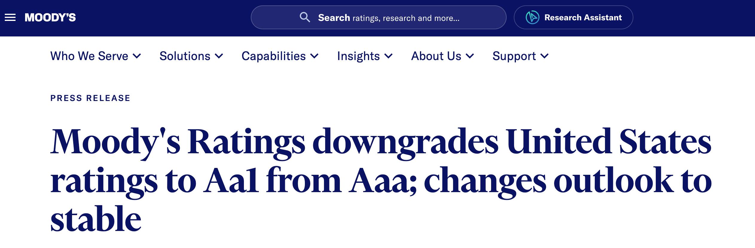穆迪：已將美國主權信用評級下調至AA1