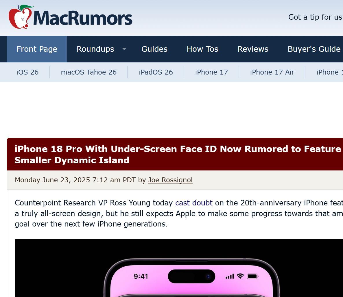 外媒：蘋果 iPhone 18 系列部分機型將配備屏下Face ID