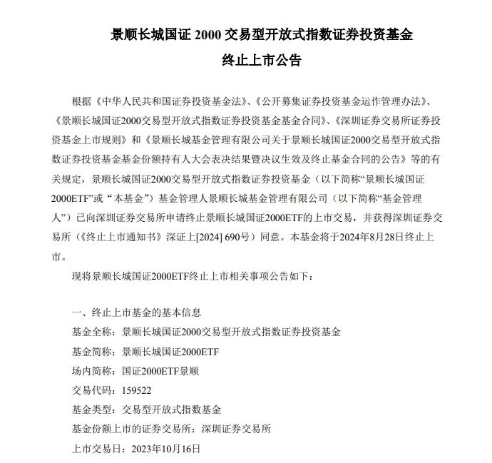 景順長城國證2000ETF將終止上市 曾連續60日資產淨值低於5000萬元