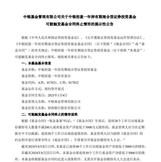 中銀招盈一年持有混合資產淨值持續低迷，面臨清算風險