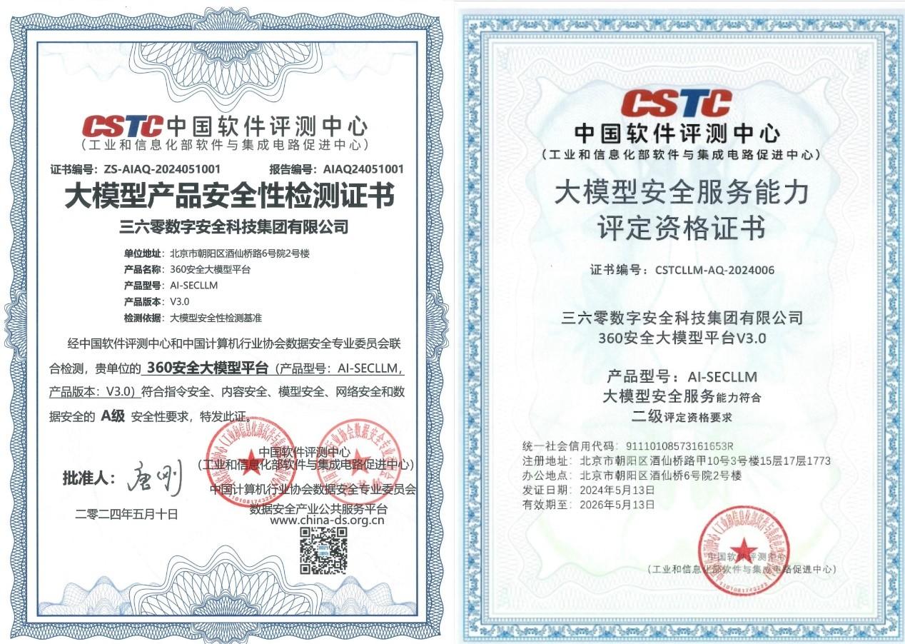 360安全大模型獲兩項國家級安全評定證書