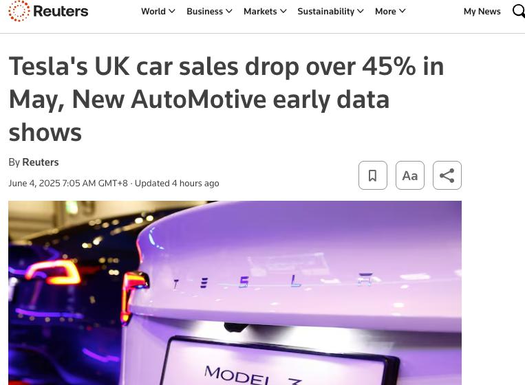 45%！特斯拉5月在英國銷量創最大跌幅