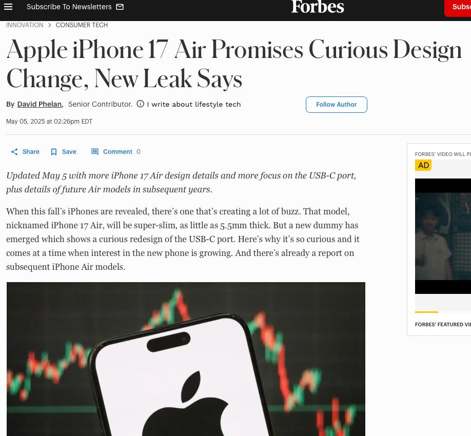 iPhone 17 Air“非常規”設計曝光：5.5毫米厚度+USB-C端口