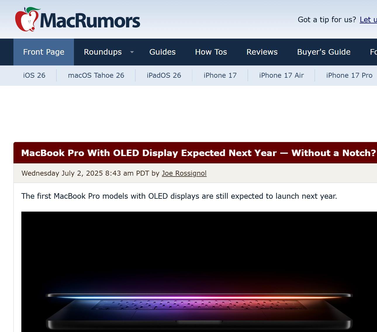 蘋果首款配備OLED顯示屏MacBook將於2026年推出