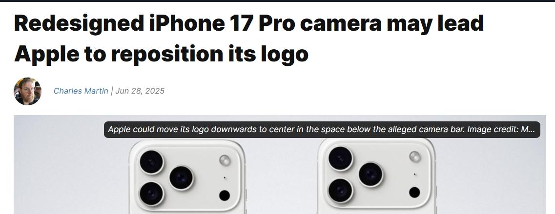 外媒：蘋果iPhone 17 Pro或將調整背面logo位置