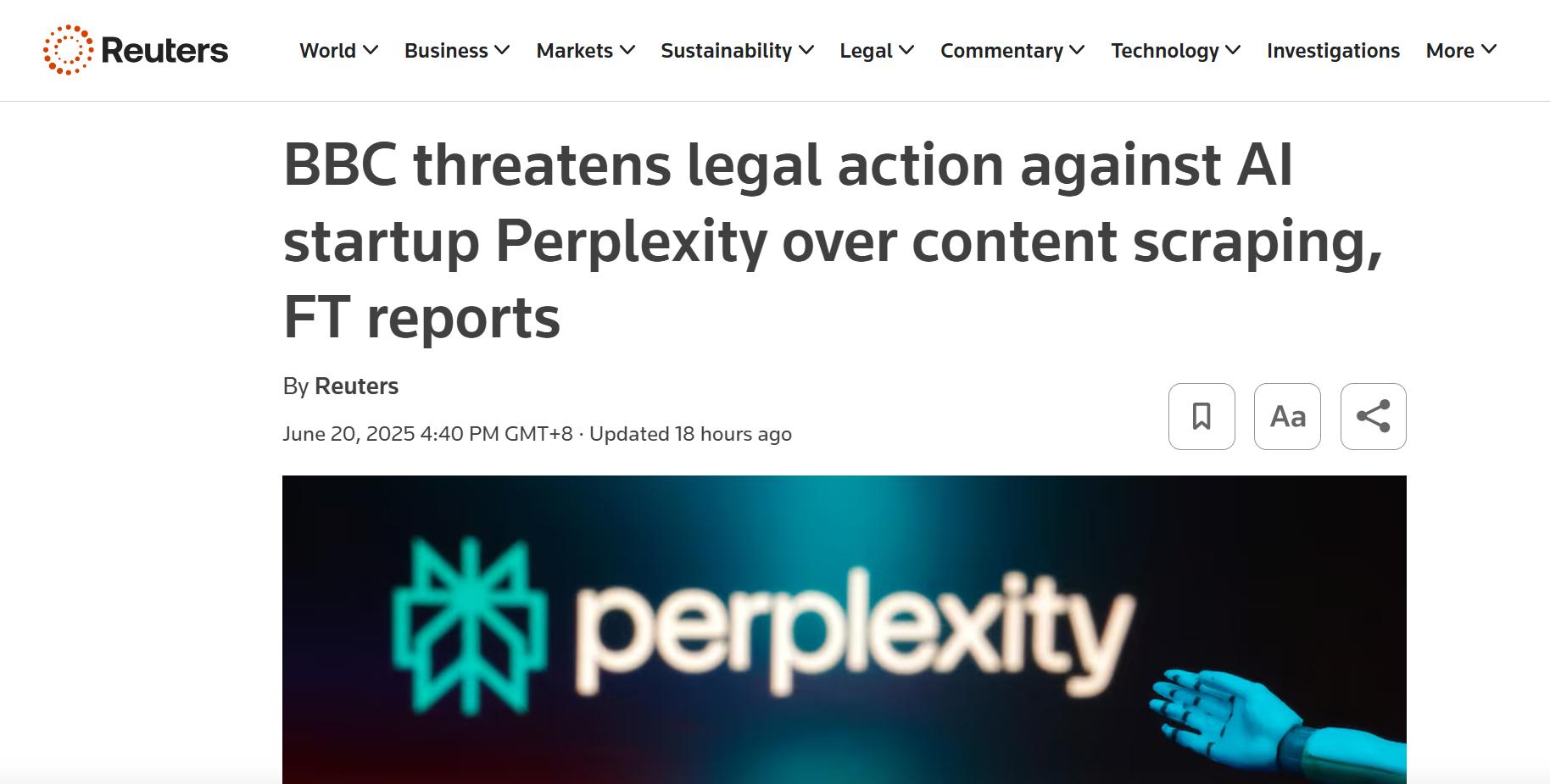 BBC向人工智能搜索引擎Perplexity發出法律威脅 要求停止抓取內容