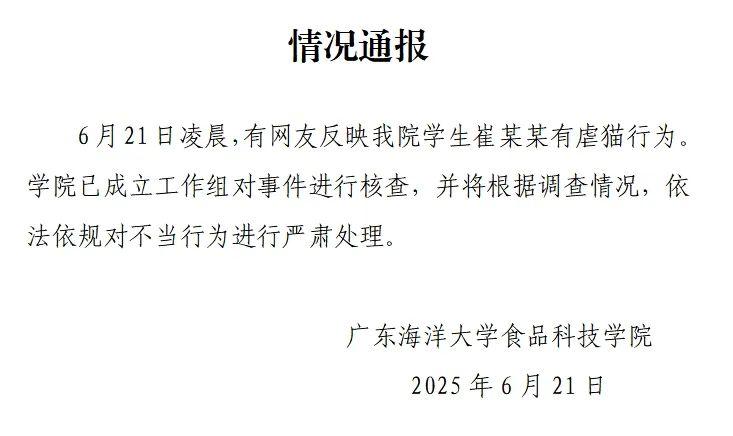 網傳有學生虐貓，廣東一高校通報