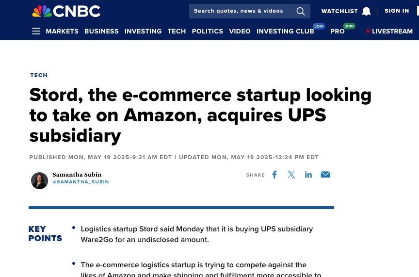 Stord收購UPS子公司Ware2Go，劍指亞馬遜Prime生態壁壘