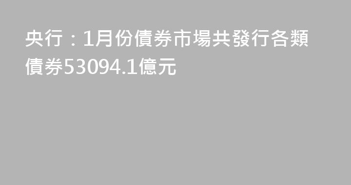 央行：1月份債券市場共發行各類債券53094.1億元