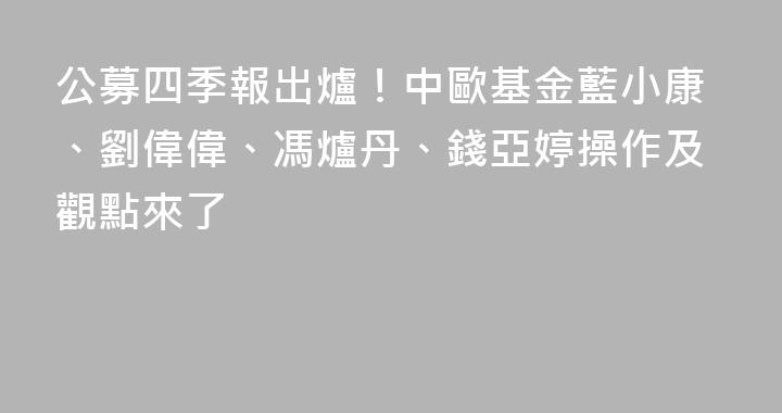 公募四季報出爐！中歐基金藍小康、劉偉偉、馮爐丹、錢亞婷操作及觀點來了