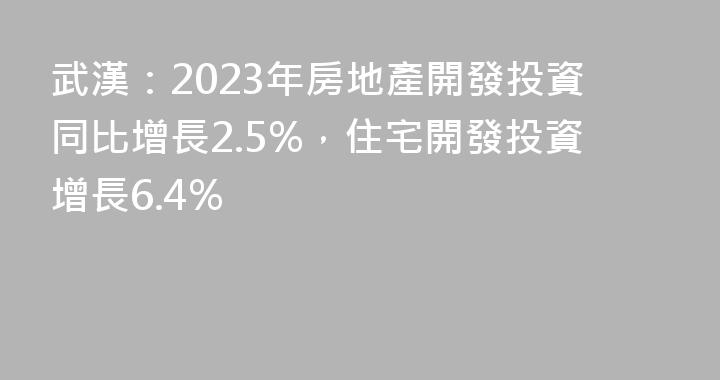 武漢：2023年房地產開發投資同比增長2.5%，住宅開發投資增長6.4%