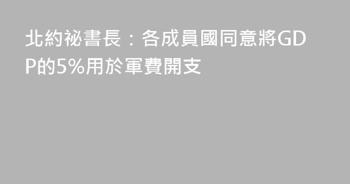 北約祕書長：各成員國同意將GDP的5%用於軍費開支
