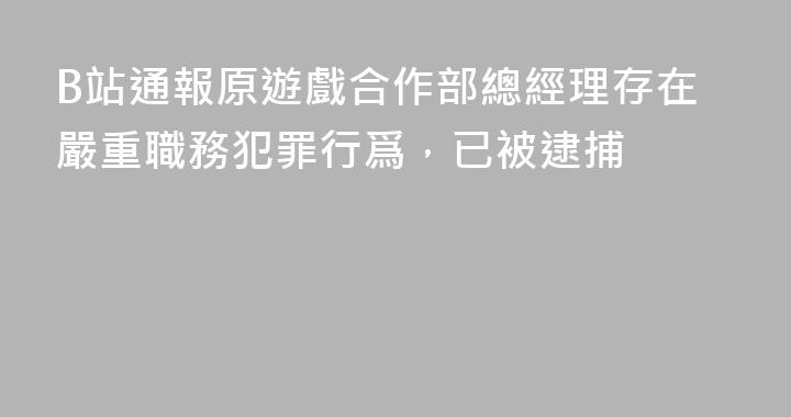 B站通報原遊戲合作部總經理存在嚴重職務犯罪行爲，已被逮捕