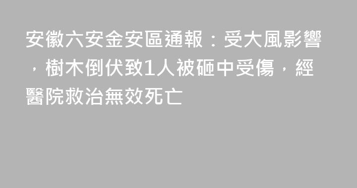 安徽六安金安區通報：受大風影響，樹木倒伏致1人被砸中受傷，經醫院救治無效死亡