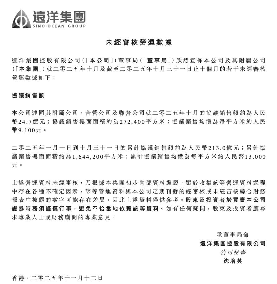 遠洋集團前10月累計實現合約銷售額213億元