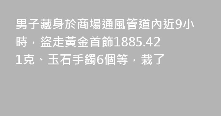 男子藏身於商場通風管道內近9小時，盜走黃金首飾1885.421克、玉石手鐲6個等，栽了
