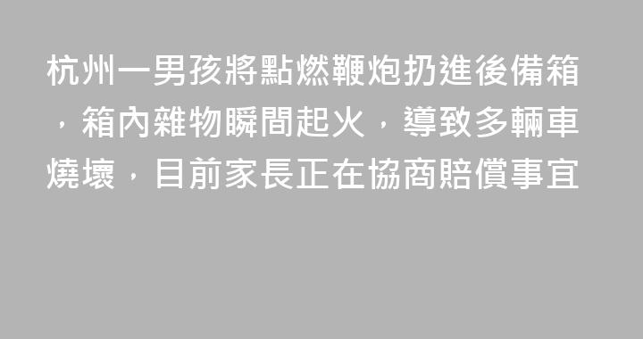 杭州一男孩將點燃鞭炮扔進後備箱，箱內雜物瞬間起火，導致多輛車燒壞，目前家長正在協商賠償事宜