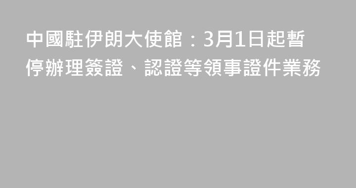 中國駐伊朗大使館：3月1日起暫停辦理簽證、認證等領事證件業務