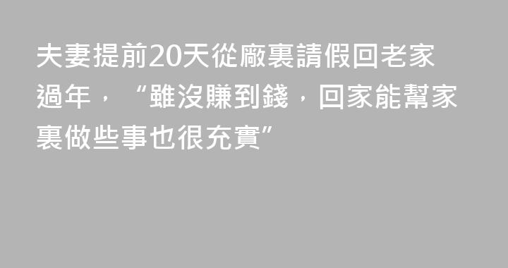夫妻提前20天從廠裏請假回老家過年，“雖沒賺到錢，回家能幫家裏做些事也很充實”
