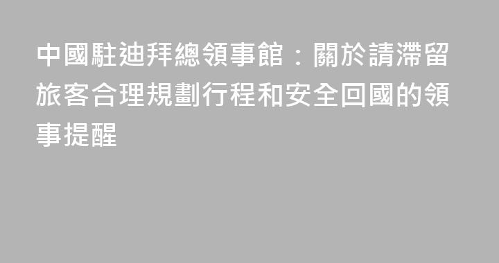 中國駐迪拜總領事館：關於請滯留旅客合理規劃行程和安全回國的領事提醒