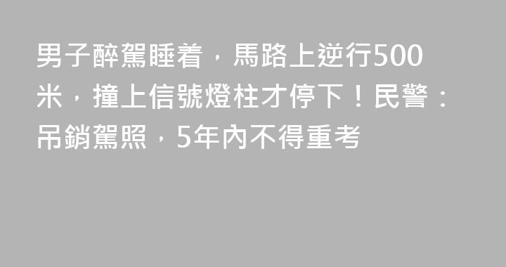 男子醉駕睡着，馬路上逆行500米，撞上信號燈柱才停下！民警：吊銷駕照，5年內不得重考
