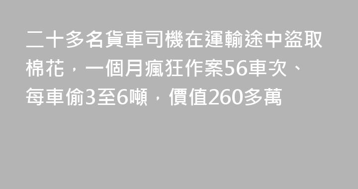 二十多名貨車司機在運輸途中盜取棉花，一個月瘋狂作案56車次、每車偷3至6噸，價值260多萬